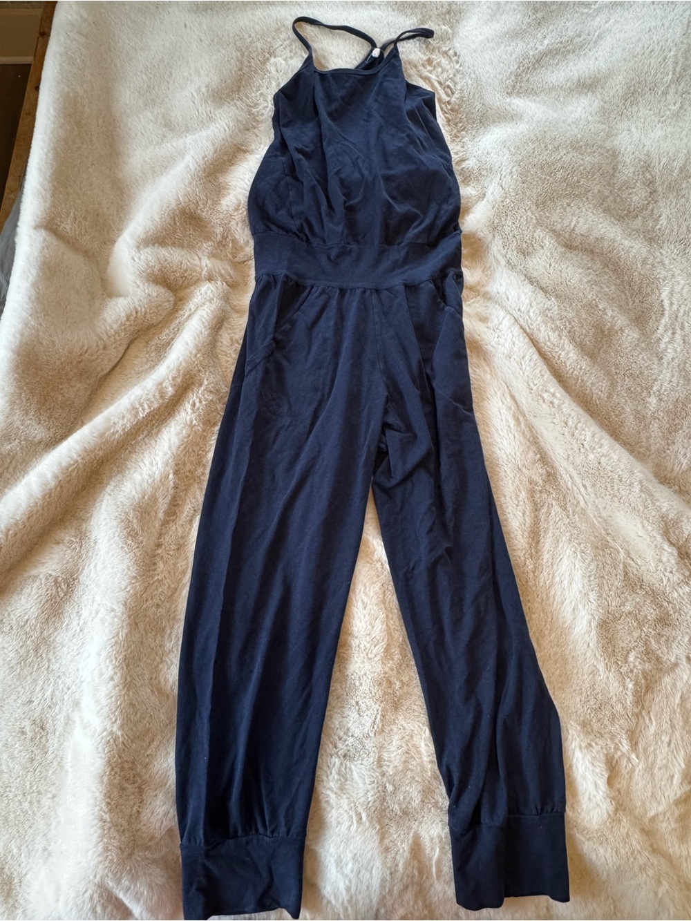Sleeveless Navy Halter Jumpsuit with Cinched Waist